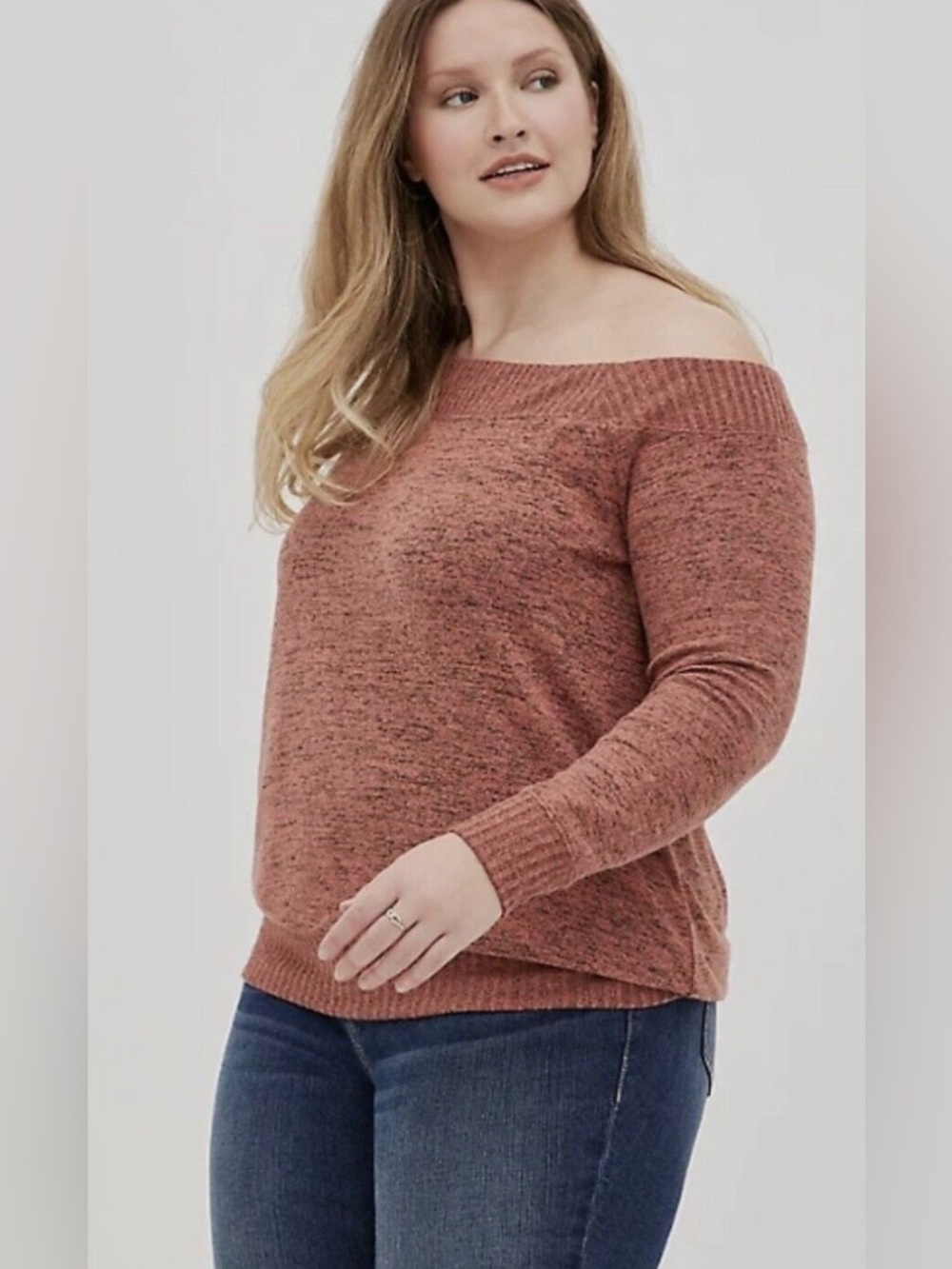 Torrid Off-Shoulder Super Soft Sweatshirt In Heathered Pink/Redwood Size 3X